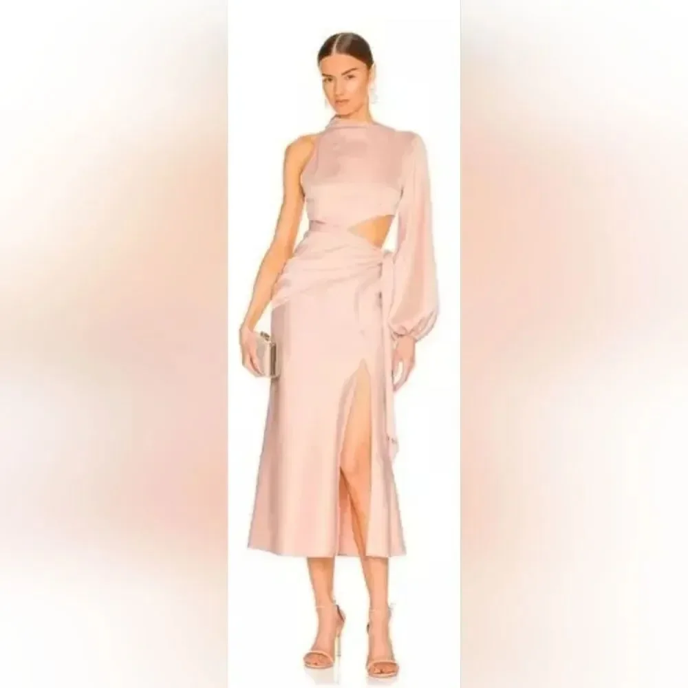 MISHA Maryan One Shoulder Formal Cut Out Midi Dress in Rose Pink Size 8 NWOT